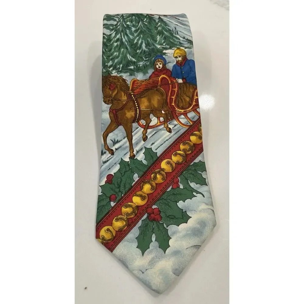 Vtg LANDS END SILK Mens TIE “SLEIGH RIDE TO GRANDMAS HOUSE” 3.5” Hand Sewn USA